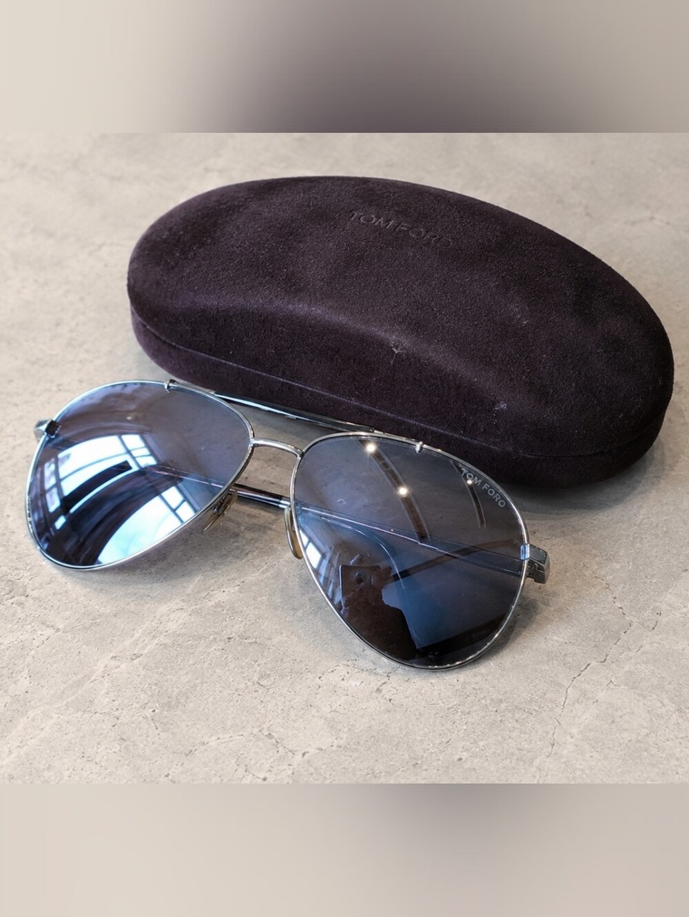 Tom Ford Oversized Silver Aviator Reflective Mirrored Sunglasses And Case